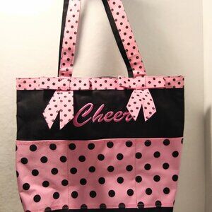 Cheer tote bag Back with pink and black polka dots